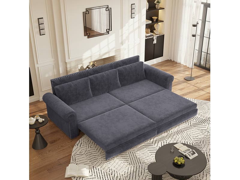Canapé droit convertible 3 places en velours gris, 3-en-1 avec couchage, accoudoirs roulés et clous décoratifs - Conforama B