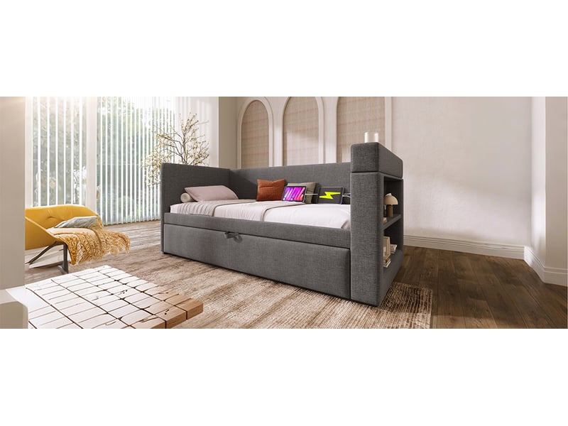 Lit banquette 90x190 cm, canapé-lit gris en lin et coton, lit gigogne avec ports usb et porte-gobelets pour chambre d'amis et salon. - Conforama E