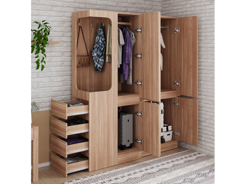  Armoire combinée avec penderie ouverte, 4 tiroirs et rangements  - Conforama B