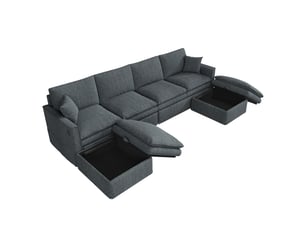 Canapé d’angle modulable 6 places 277x135x80 cm en ul avec 2 poufs mobiles avec rangement, usb et usb-c, 2 coussins, tissu coton-lin gris