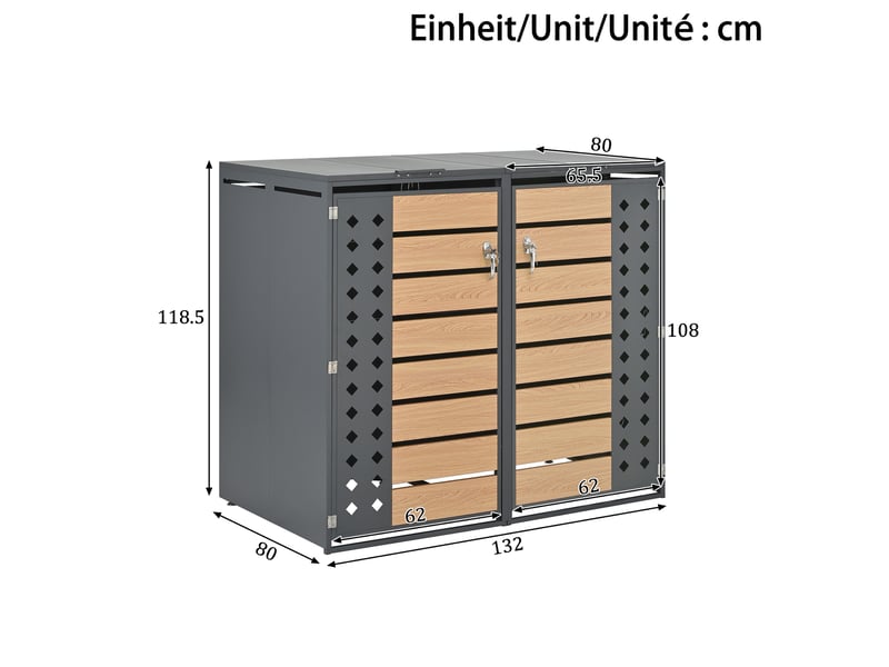 Cache-poubelles 2 compartiments, couvercle rabattable, panneaux diamant perforés, métal gris - Conforama C