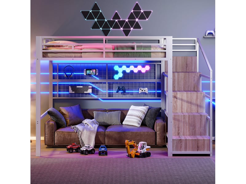 Lit mezzanine, 140x200 cm, avec éclairage led 7 couleurs, armoire-échelle, espace ouvert sous le lit, métal, blanc sans matelas - Conforama E