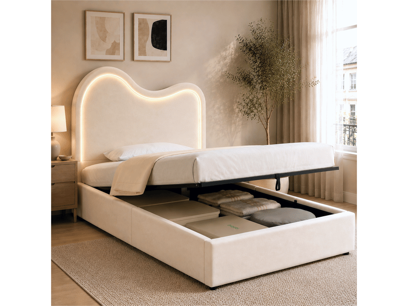  Lit enfant 90x200 cm, lit coffre hydraulique, sommier à lattes, tête de lit rembourrée, velours, beige  - Conforama B
