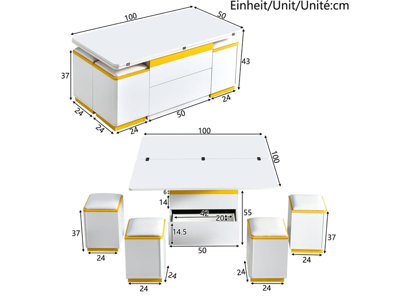 Table basse relevable et extensible 100 x 50 cm avec 4 tabourets, blanc et jaune - Conforama C