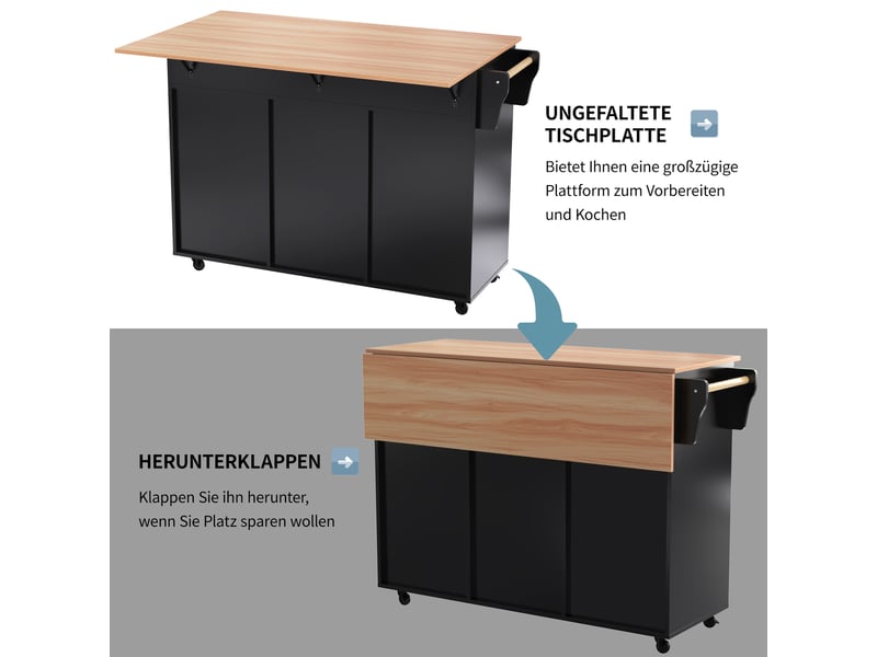  Îlot de cuisine noir avec plateau rabattable, chariot de service sur roulettes avec 2 tiroirs et armoires de rangement, 129x46x91,5cm  - Conforama E