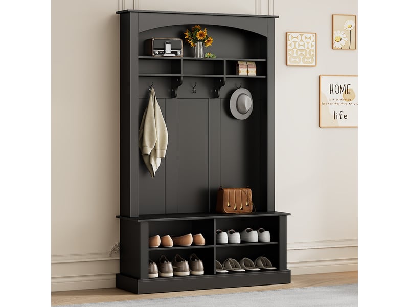  Penderie mobile - porte-manteau large avec banc et étagère à chaussures, banc de rangement multifonctionnel, noir  - Conforama A
