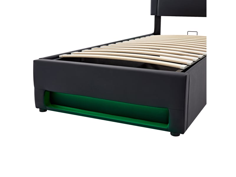 Lit simple rembourré 90x200 cm en pu noir avec usb, recharge sans fil, led et rangement sous le lit, sans matelas  - Conforama E
