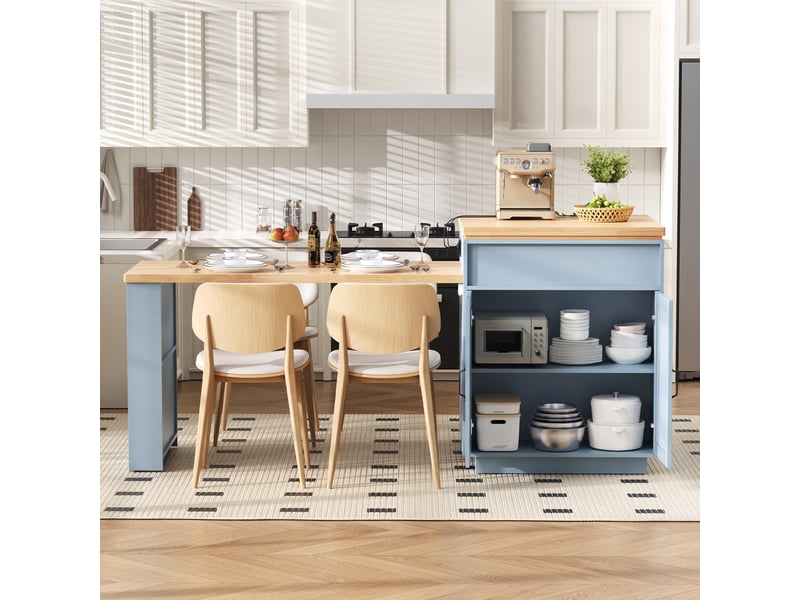 Îlot de cuisine extensible 125,5–187,5 x 71 x 93 cm avec led et station usb+type-c, roulettes, bar de cuisine, mdf bleu  - Conforama W
