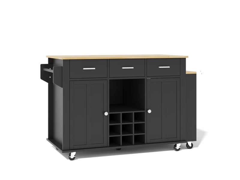 Îlot de cuisine mobile 136-223 x 50 cm, 3 tiroirs, prises usb, noir et chêne - Conforama A
