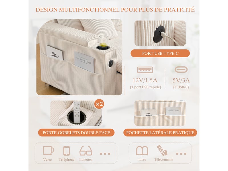  Canapé d'angle convertible 4 places en velours côtelé beige 272x136x86 cm avec rangement, usb-c et porte-gobelets 272x136x86cm - Conforama E