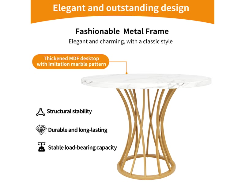  Table de salle à manger ronde en mdf et métal 80×80×76 cm effet marbre doré  - Conforama C