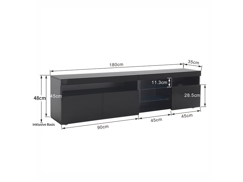  Meuble tv noir brillant 180 cm avec éclairage led 3 portes  - Conforama C