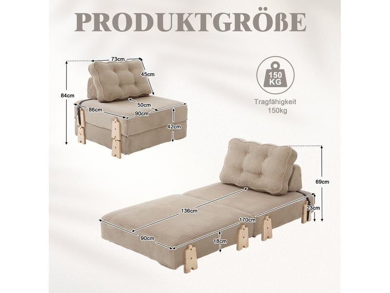  Fauteuil convertible 90x86x84 cm pliant bois kaki  - Conforama E