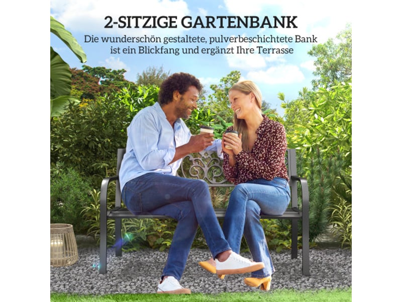  Banc de jardin 2 places en métal noir, dossier et accoudoirs, 250 kg, résistant aux intempéries, balcon et terrasse  - Conforama B