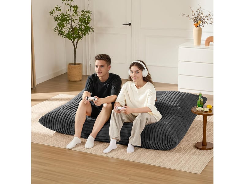  Fauteuil pouf convertible 180x125 cm gris foncé en corduroy, 3 positions pour s'asseoir, se détendre ou dormir  - Conforama B