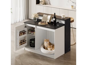 Îlot de cuisine avec comptoir bar et table de cuisine multifonctionnelle, espace animaux, effet marbre noir et blanc, 120x80x100cm.
