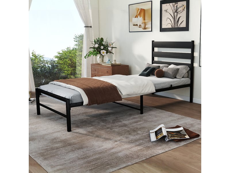  Lit simple 90x200 cm noir design minimaliste, tête de lit mdf, sommier à lattes inclus, stable et polyvalent pour chambre moderne，sans matelas  - Conforama B