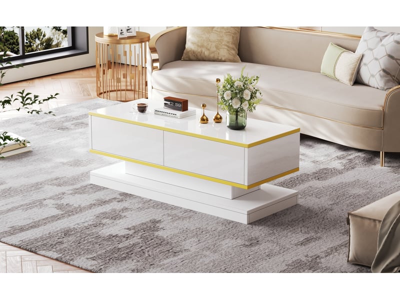 Table basse 100x50x38 cm 2 tiroirs xl ouverture pression forme unique laqué panneau particules blanc chaud doré  - Conforama B