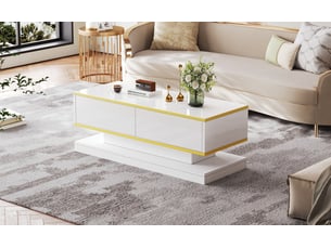 Table basse 100x50x38 cm 2 tiroirs xl ouverture pression forme unique laqué panneau particules blanc chaud doré