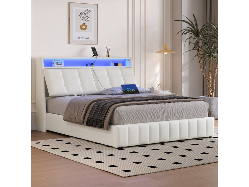  Lit plateforme rembourré 160x200 cm avec led, usb, rangement sous le lit et coussins réglables, blanc  - Conforama E