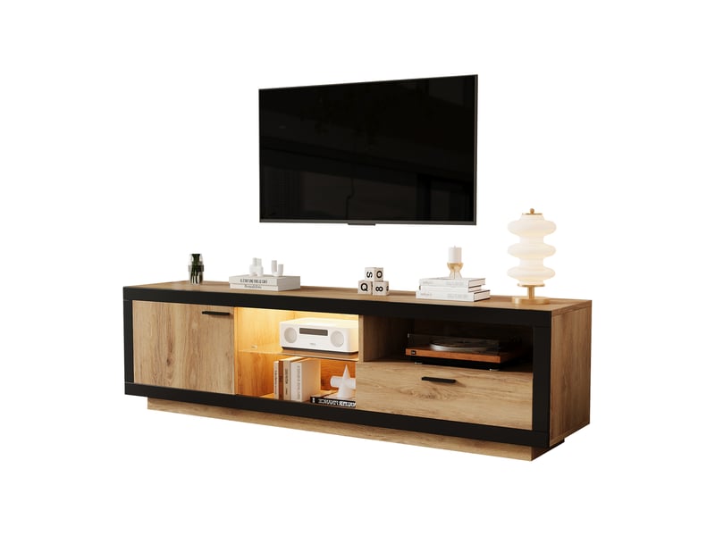  Meuble tv led 160 cm noir et chêne avec étagères en verre pour écran 70 pouces  - Conforama C