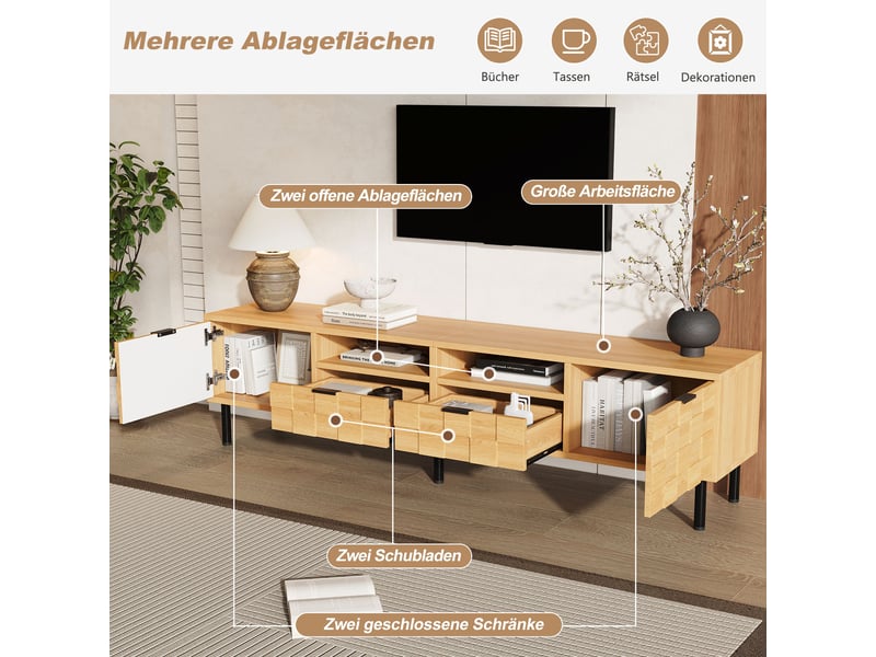  Meuble tv 200 cm avec rangement, 2 portes et 2 tiroirs, design bois naturel 3d pour salon moderne  - Conforama D