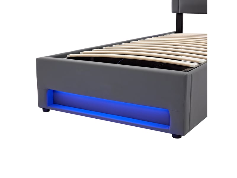  Lit capitonné 90 x 200 cm, avec port usb (compatible charge sans fil et filaire), éclairage led et espace de rangement, sans matelas, revêtement en similicuir motif litchi, gris  - Conforama E