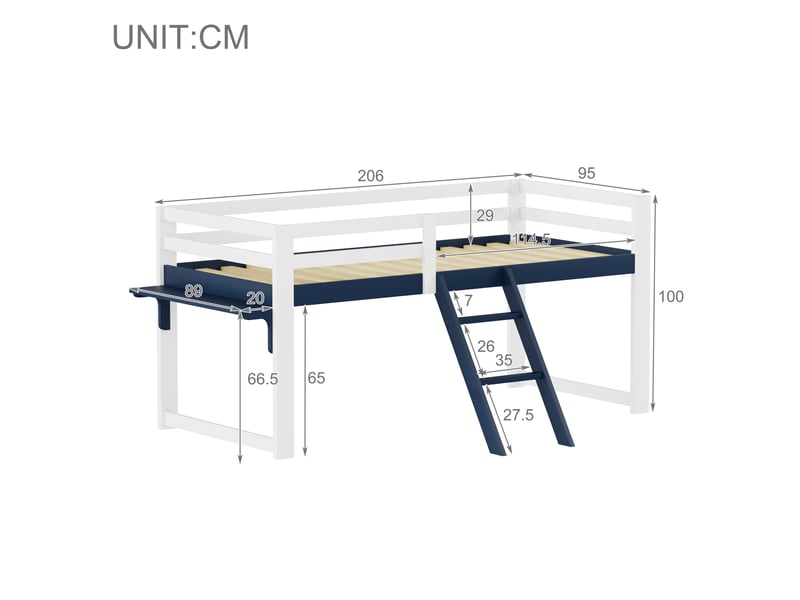  Lit mezzanine 90x200 cm, structure en pin massif, coloris bleu, échelle fixe, garde-corps, sommier à lattes inclus, sans sommier tapissier  - Conforama C