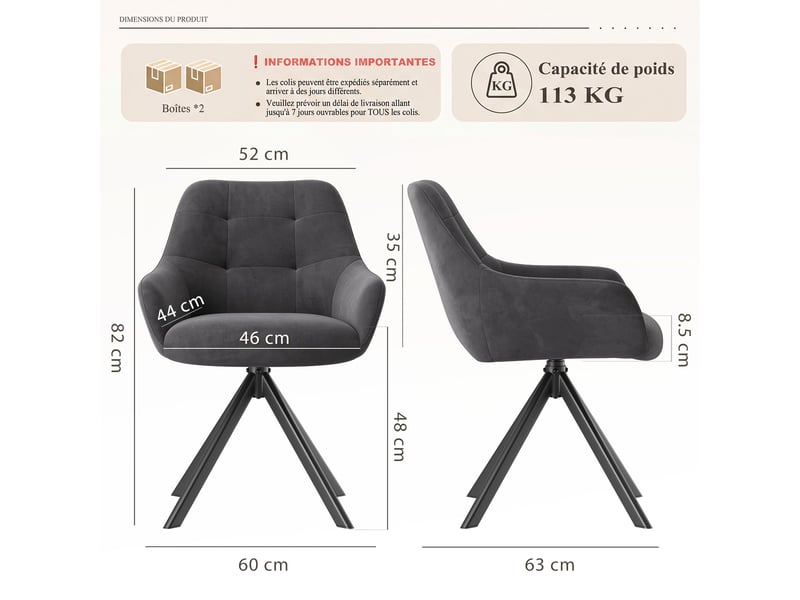  Lot 4 chaise pivotante premium avec demi-accoudoirs - chaise rotation à 360°base métallique haute stabilité, gris  - Conforama C