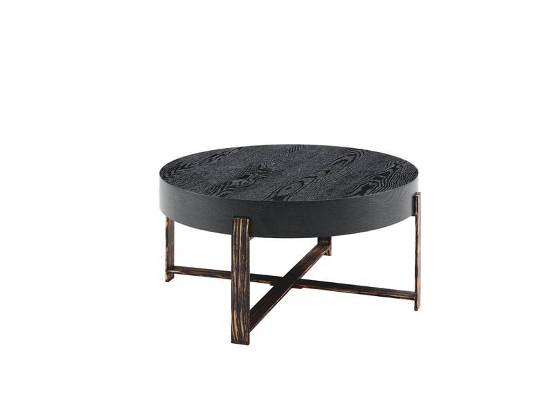  Table basse ronde ulevr style industriel rétro 68 cm, plateau mdf noir effet bois, piètement croisé métal bronze antique  - Conforama A