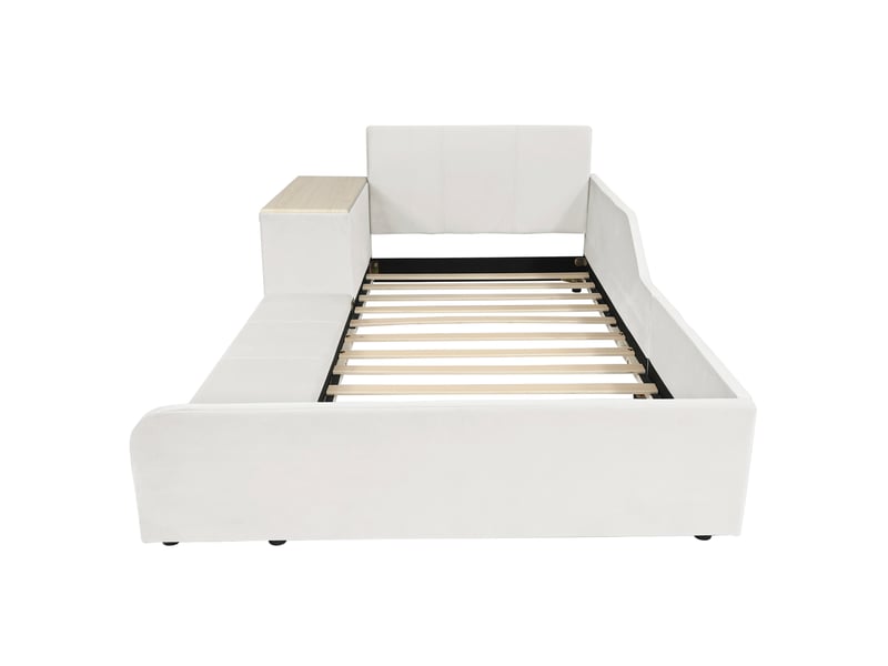  Lit capitonné, lit simple avec bureau et tabouret pour enfant, étagère de rangement, tête de lit rembourrée, sommier à lattes en bois, velours, blanc, 90 x 200 cm  - Conforama D