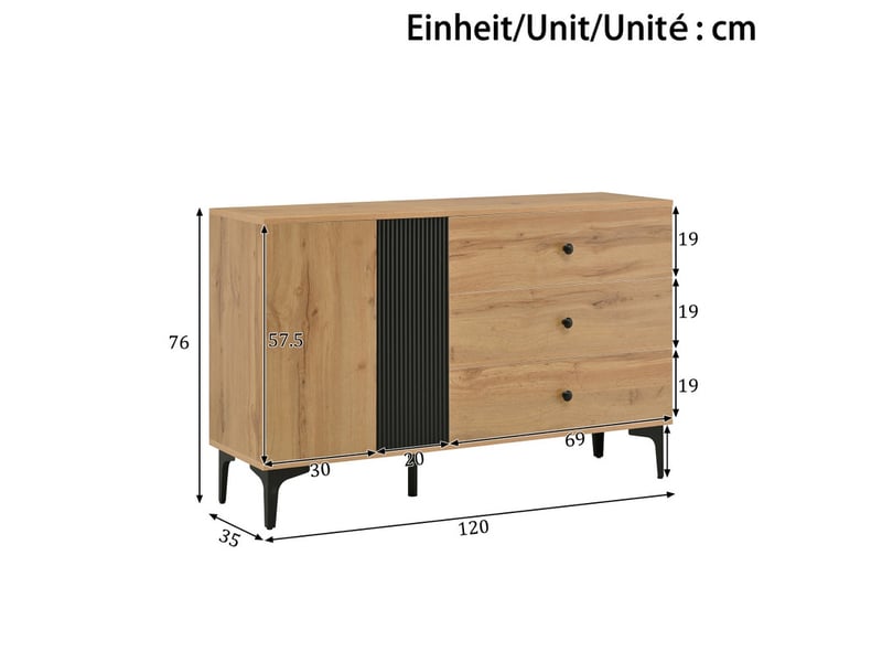 Buffet, meuble de rangement, bahut, avec 2 portes et 3 tiroirs, mode contemporaine, 120 l x 35 l x 76 h (cm) - Conforama C