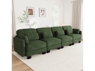 Canapé droit modulable 330 cm 4 places avec coussins d’accoudoir amovibles, coussins lombaires épais à soutien renforcé, chenille, vert