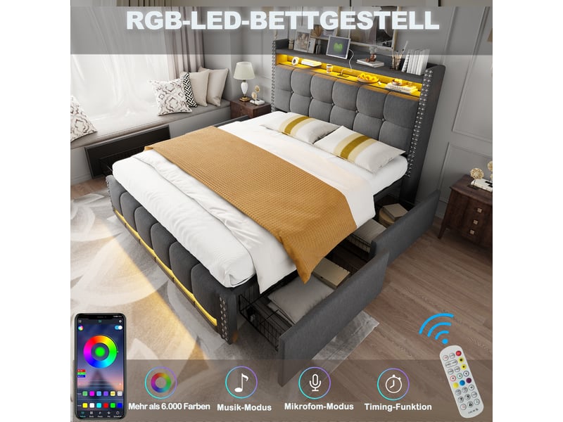  Lit avec tiroirs double 160×200 cm led, usb, étagères et 4 tiroirs  - sans matelas, tissu gris  - Conforama E