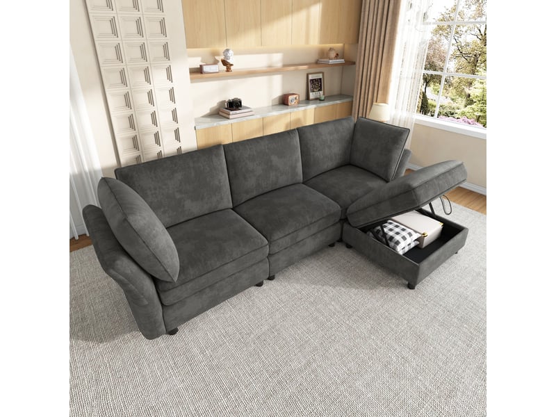  Canapé d'angle modulable 4 places avec pouf coffre de rangement gris  - Conforama E