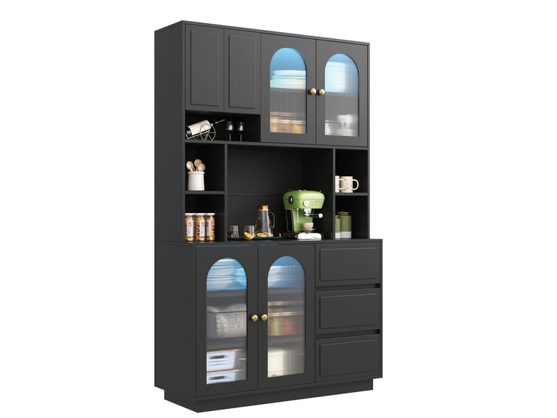  Buffet rangement fermé portes acryliques cintrées compartiments ouverts éclairage led réglable en couleur contrôlé par application  - Conforama D