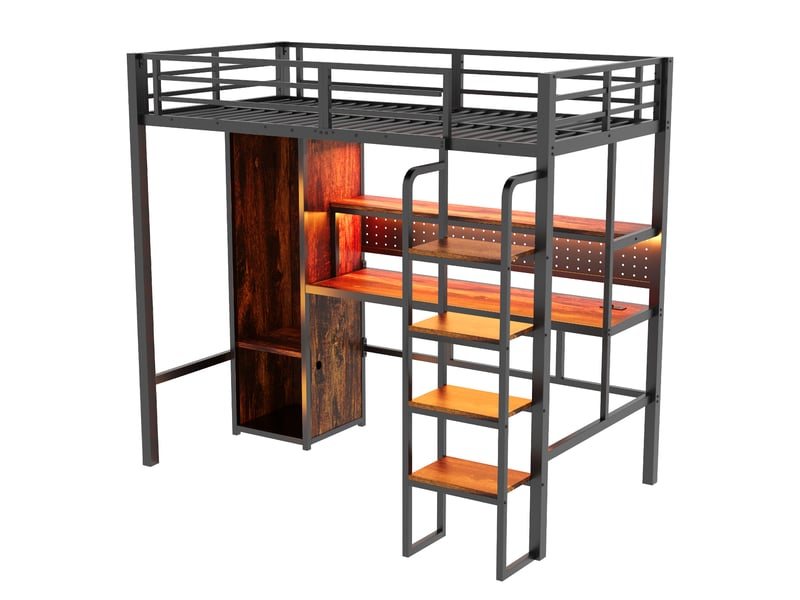  Lit mezzanine 90x200 cm avec échelle, grand bureau, panneau perforé, led, étagères et armoire - caisson - sans matelas  - Conforama D