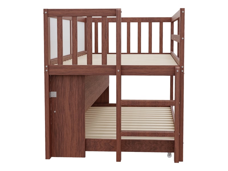 Lit enfant 90x200 cm gigogne avec tableau ardoise et rangements, bois, marron, sans matelas - Conforama E