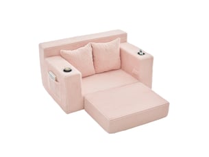 Canapé-lit 2 places convertible avec 2 coussins, porte-gobelet et poches latérales en velours côtelé rose