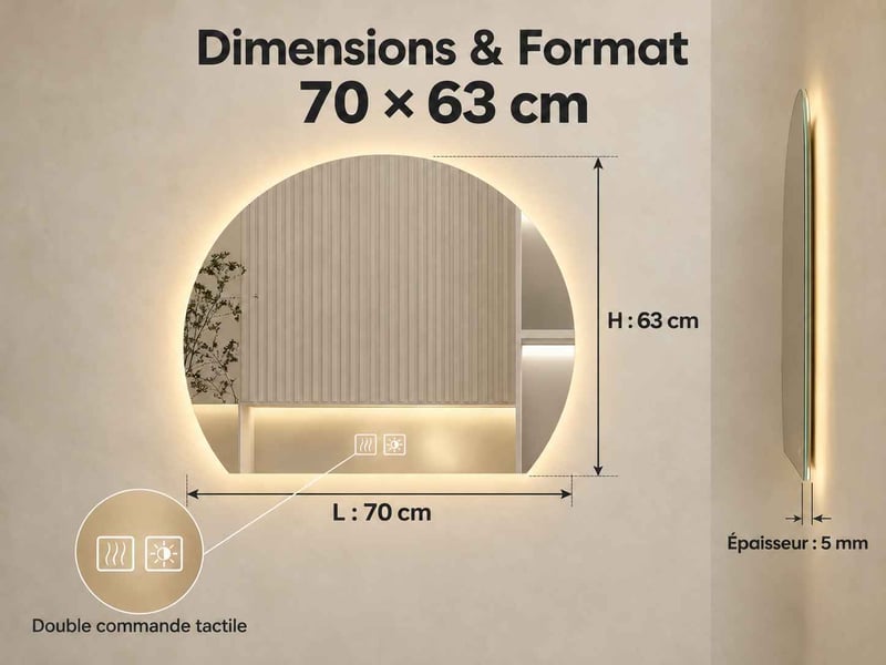  Miroir salle de bain led forme arche 70 × 63 cm, éclairage 3 couleurs à intensité variable et fonction antibuée tactile  - Conforama C