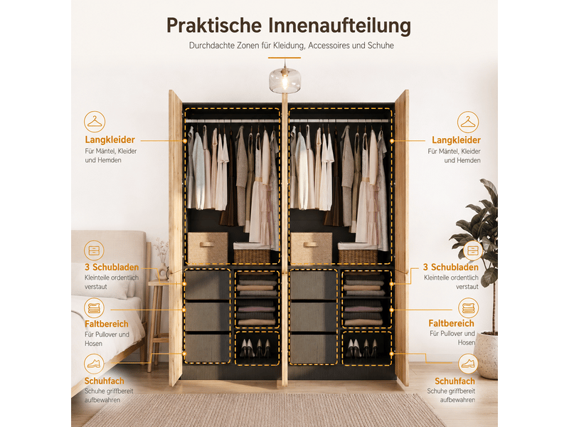 Armoire penderie 180 x 50 x 200 cm - 8 portes - 6 tiroirs - 2 barres de penderie - mdf et panneaux de particules - chêne artisan - Conforama E