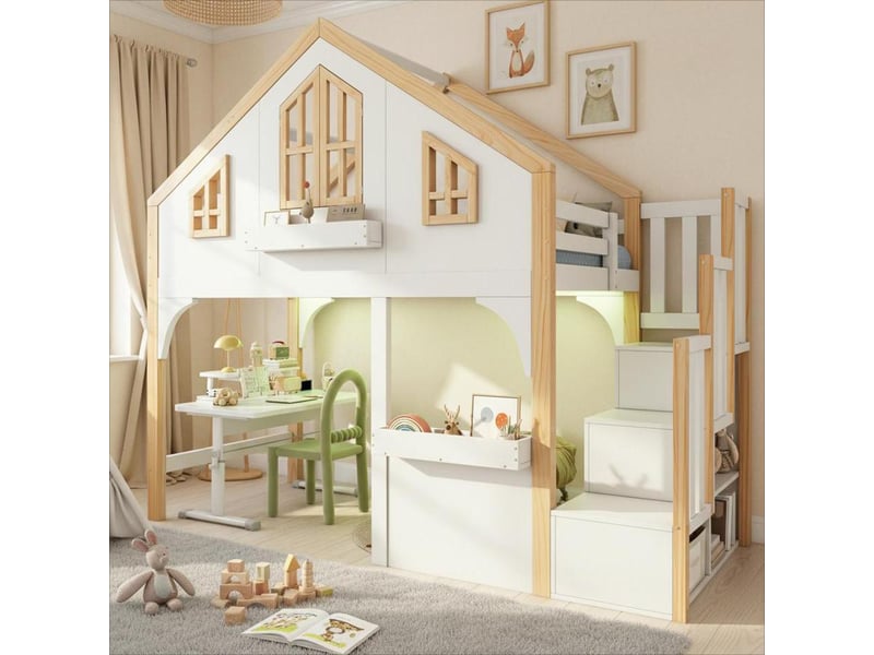  Lit superposé enfant 90x200 en bois avec escalier de rangement et éclairage led - blanc et nature  - Conforama W