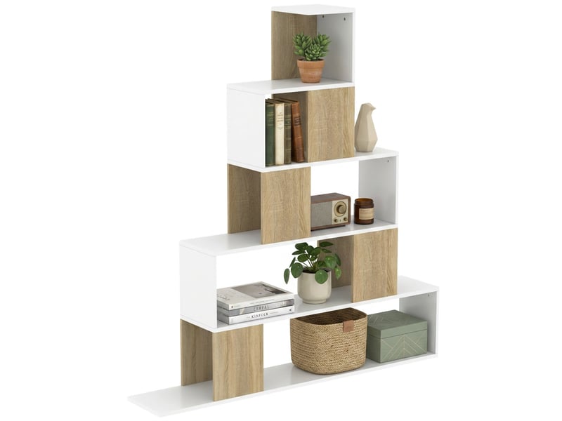  Étagère de rangement, bibliothèque géométrique à 5 niveaux, pour bureau, salon, chambre, blanc et bois naturel  - Conforama A
