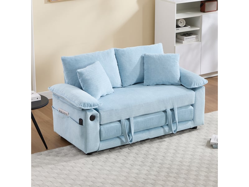  Canapé convertible bleu 2 places en tissu chenille, canapé futon convertible en lit pliable, 135 x 66 x 80 cm, avec poches latérales  - Conforama E