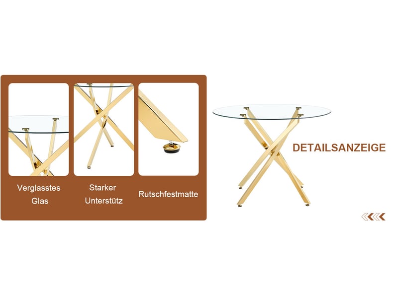 Table de salle à manger pour 2 à 4 personnes avec plateau en verre trempé, piètement métal doré, diamètre 88 × 75 cm - Conforama D