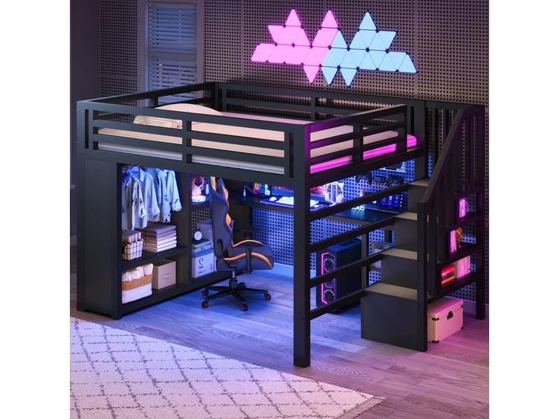  Lit mezzanine gaming 140x200 cm avec bureau, escalier de rangement, penderie ouverte, led multicolore via bluetooth, usb, garde-corps, métal noir Radiant Stride - Conforama D