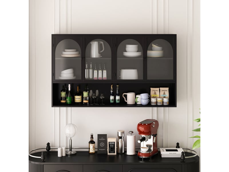  Armoire murale en métal et verre gris, 4 portes, pour cuisine et salon, noir, 120 x 23 x 70 cm  - Conforama B