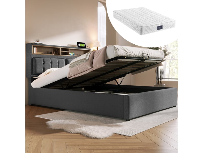  Lit coffre tcqpz 160 x 200 cm gris en lin avec tête de lit réglable usb type c et prises  - Conforama B