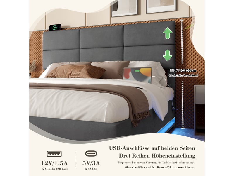  Lit coffre 180x200 cm, lit double, rangement hydraulique, led, usb et usb-c, velours gris foncé, tête de lit réglable  - Conforama W