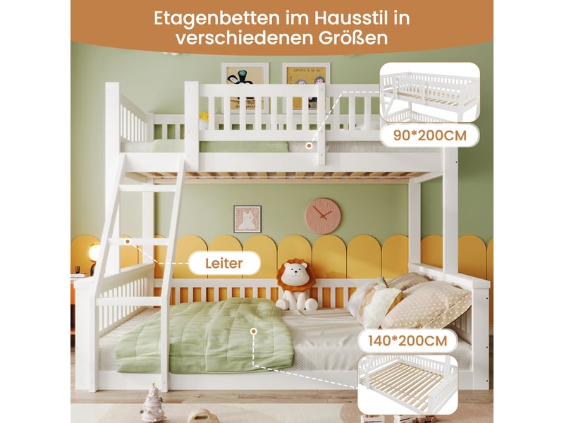 Lit superposé blanc pour enfant, lit superposé 90x200 et 140x200 en bois de pin avec échelle et barrière, sans matelas. - Conforama W